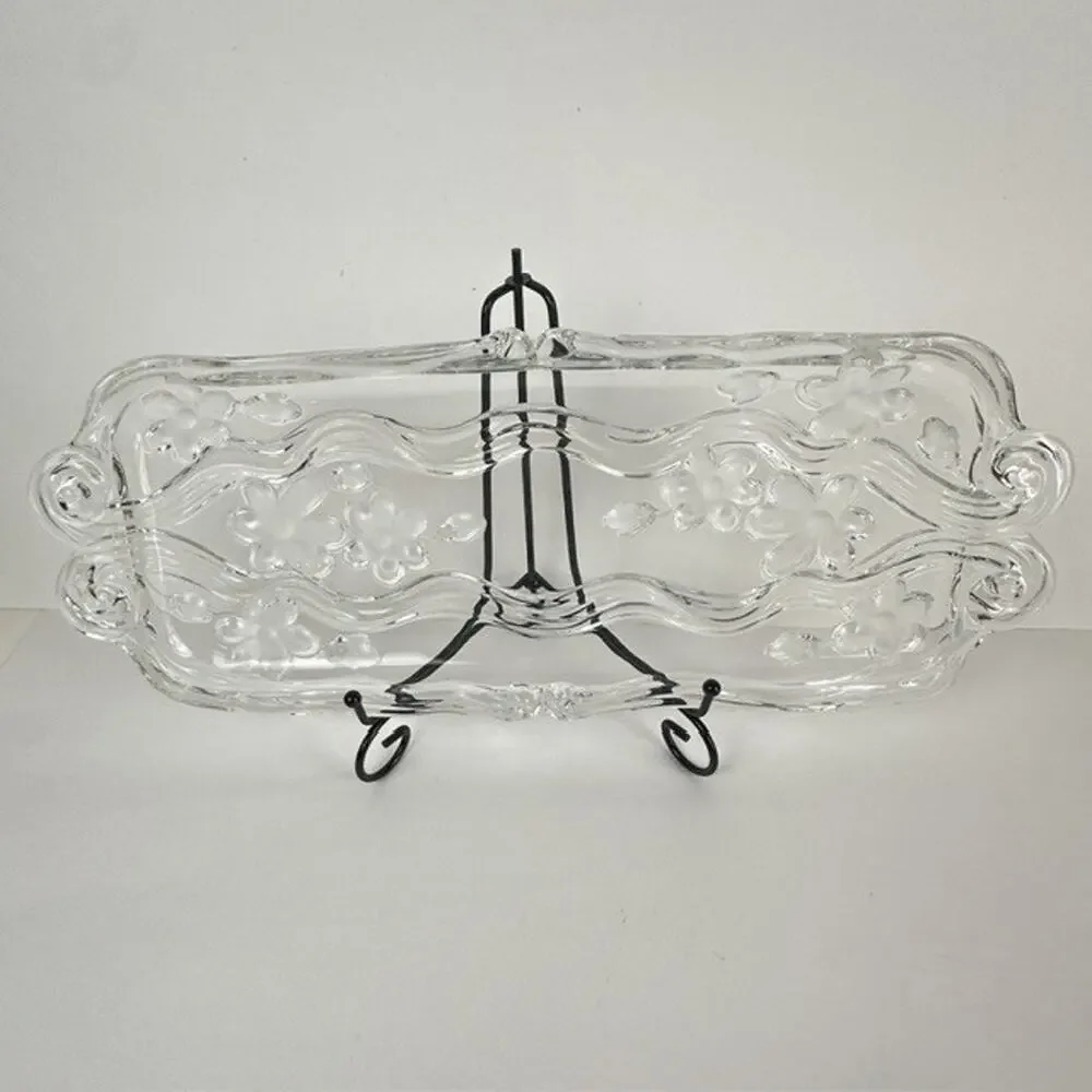 Celento Collection Fine Crystal Rectangle Serving Cake Tray Germany Floral Flowe